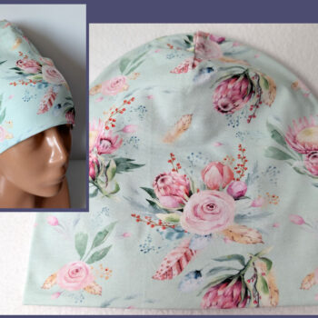 Mössa blommor, DUBBEL trikå, 5-12år